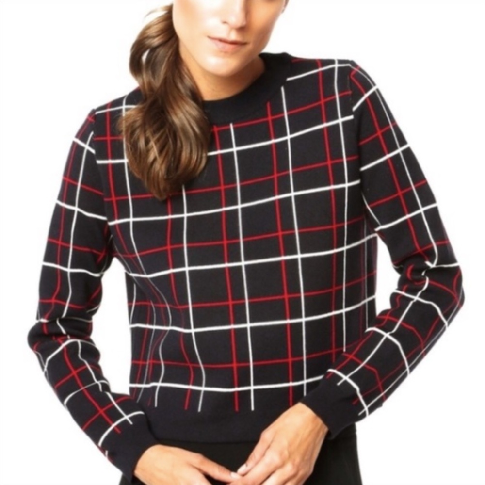 MANGO Crewneck Cropped Plaid Sweater